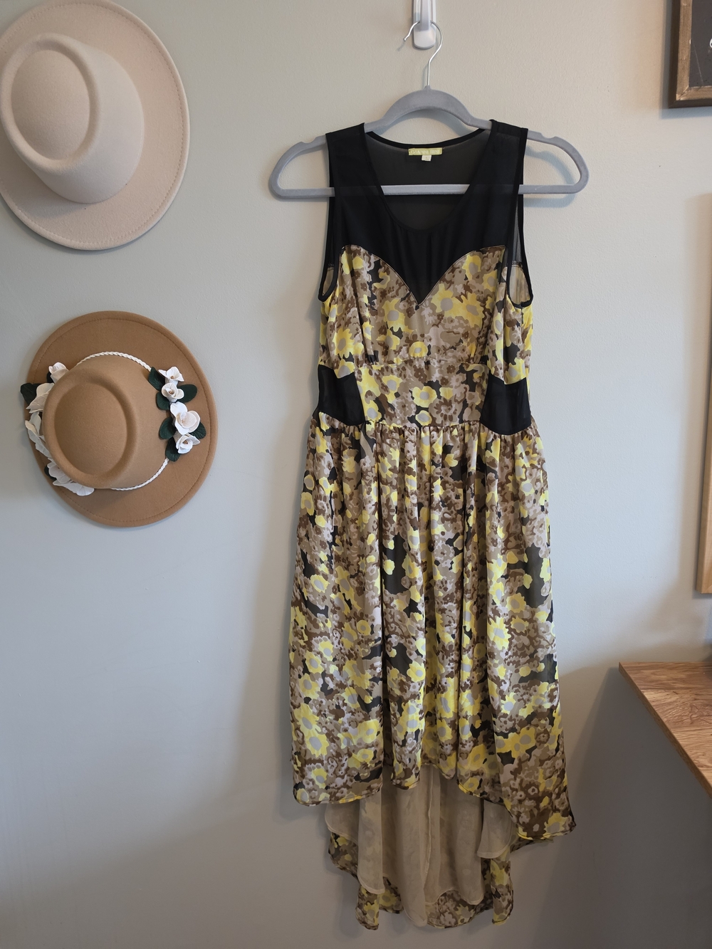 Gianni Bini Yellow and Brown Floral High-Low Dress with Black Mesh